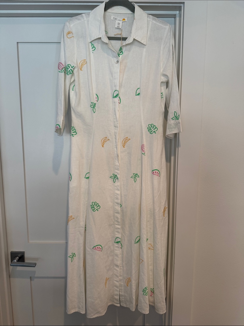 C&C California White Maxi Shirt Dress with Green, Yellow & Pink Embroidery